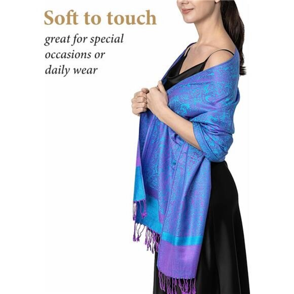 Two-Tone  Paisley Pashmina Scarf – Lightweight Blue Pink - Picture 2 of 6